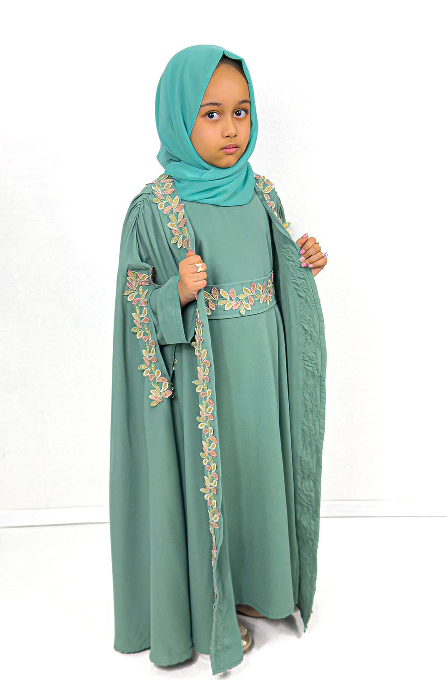 Girls' Caribbean turquoise cape abaya set with leaf embroidery