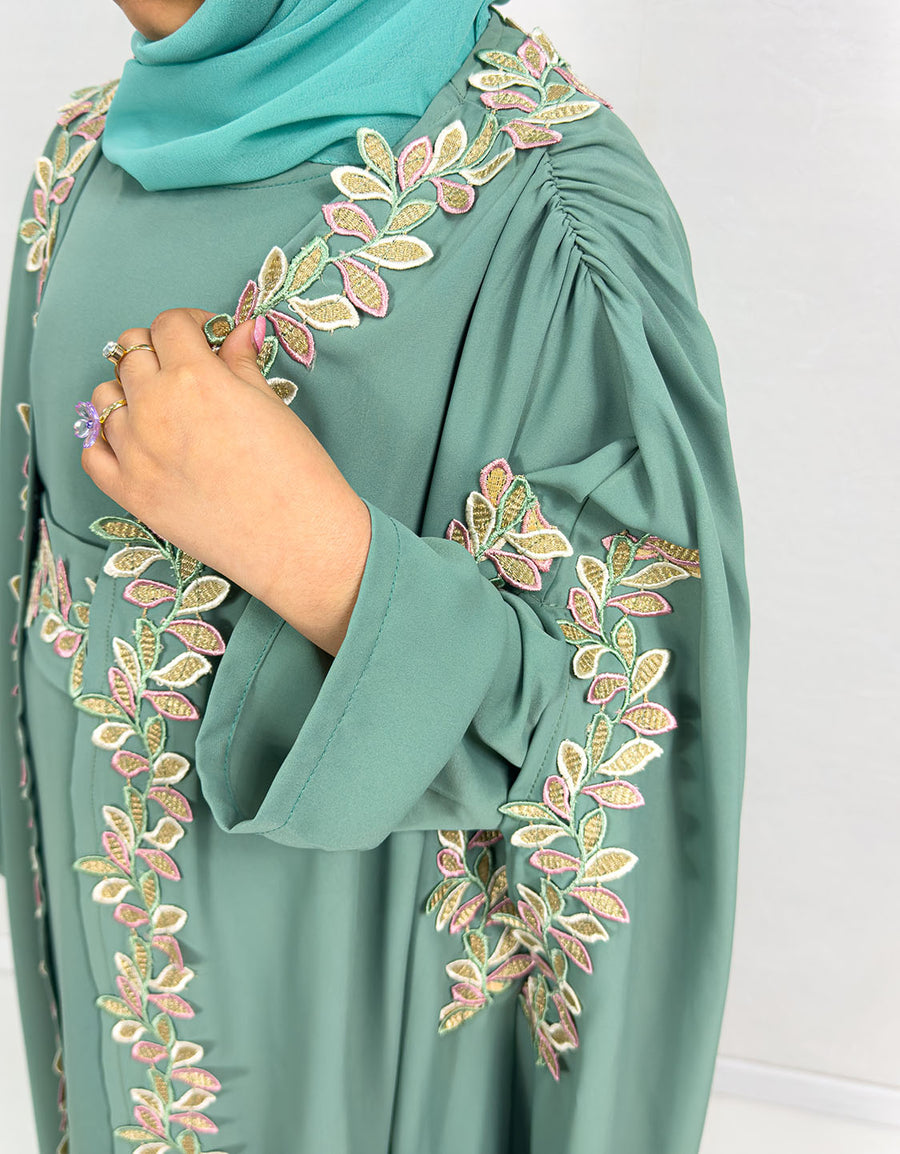 Girls' Caribbean turquoise cape abaya set with belt and scarf