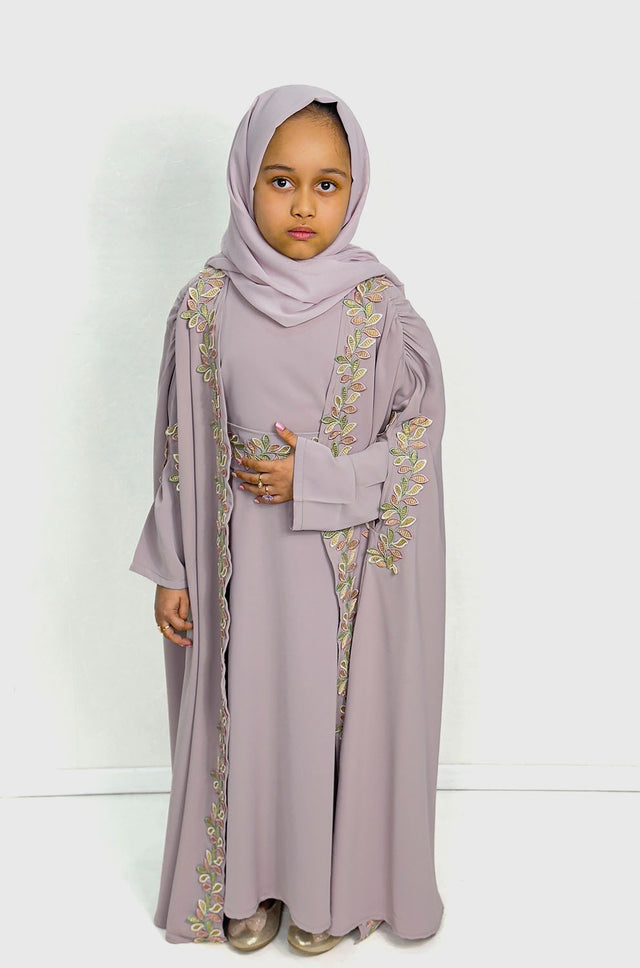 Girls' lilac cape abaya set with leaf embroidery, front view