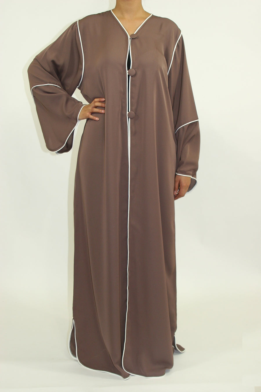 Light brown long sleeve maxi jacket, full length