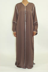 Light brown open maxi jacket with collar and satin piping, front view