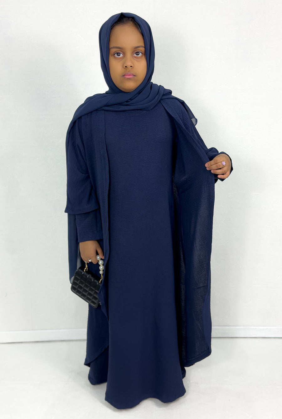 Girls' navy three piece abaya set with quarter sleeve overcoat