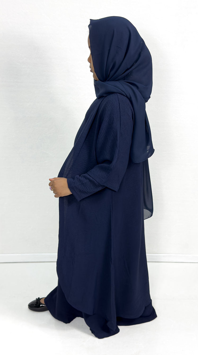 Girls' navy three piece abaya set with matching scarf