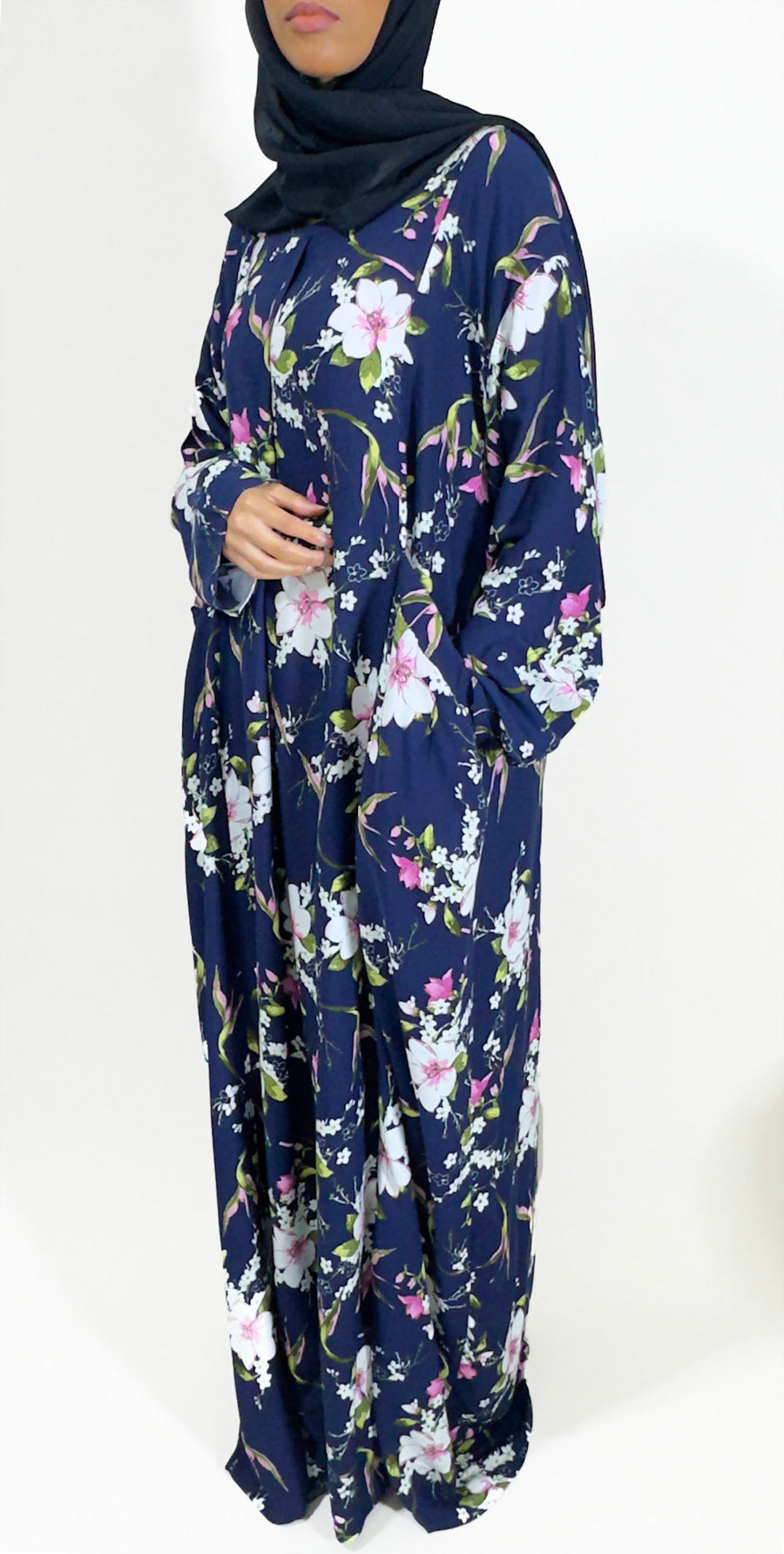 Side view of Amani's navy floral modest maxi dress