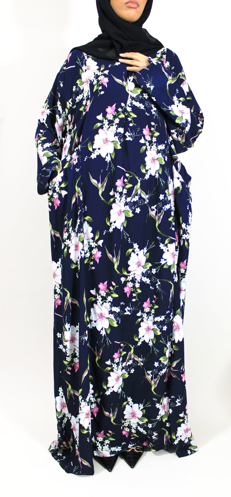 Navy floral maxi dress with pockets, full-length front view