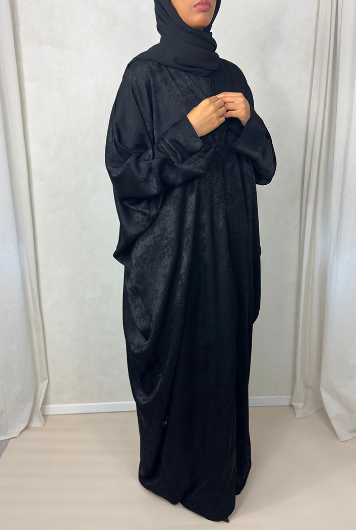 Black rose satin foil open abaya showing tonal foil rose print