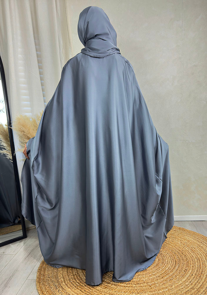 Girls' cool grey satin cape abaya set with matching scarf