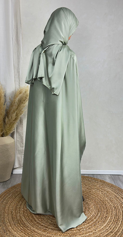 Girls' sage green satin abaya set with matching scarf