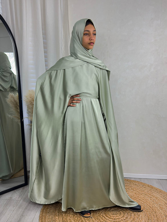 Girls' sage green 3-piece abaya set, front view