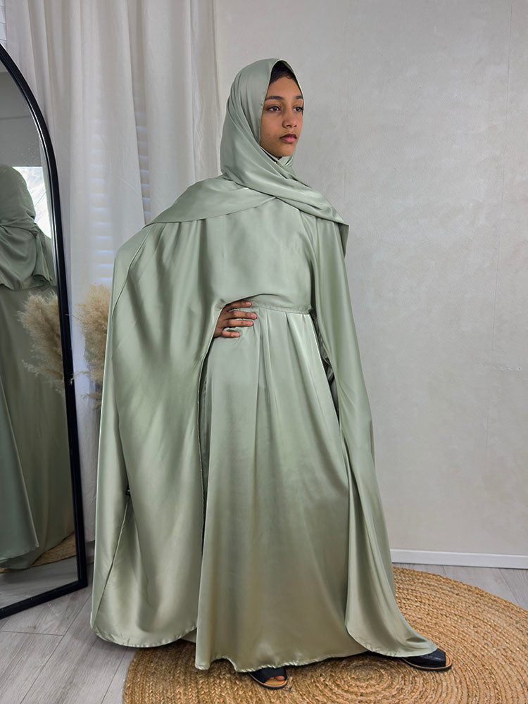 Girls' sage green 3-piece abaya set, front view