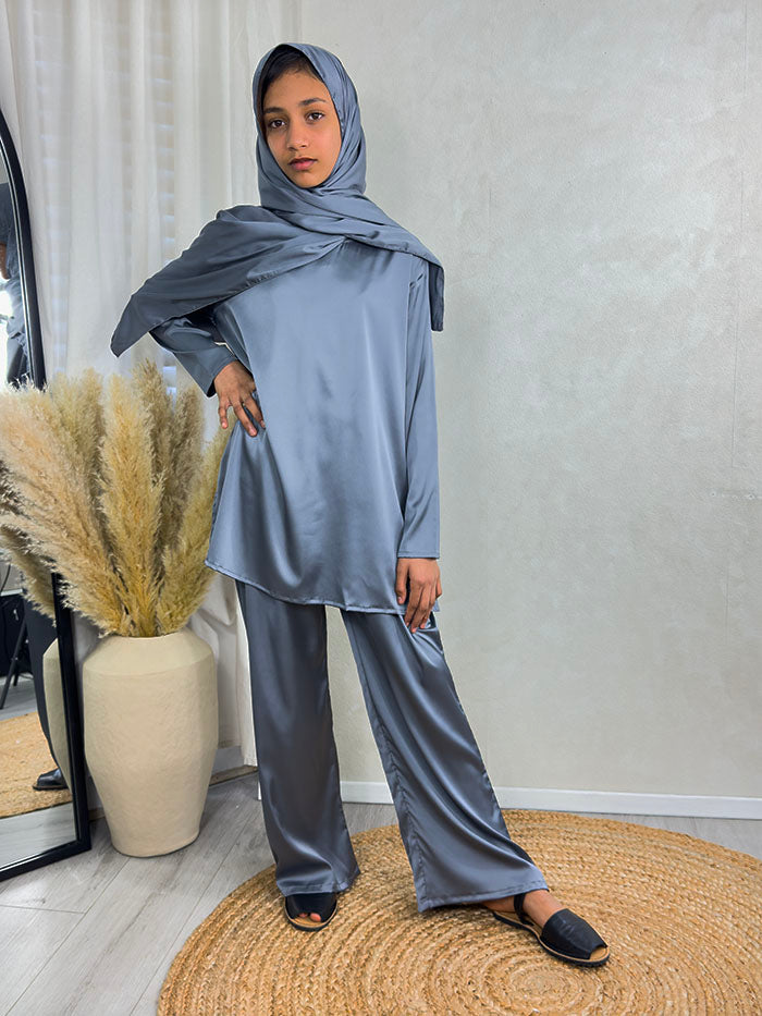 Children's cool grey abaya set showing jacket and trousers