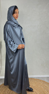 Girls' cool grey 4-piece trouser abaya set, front view