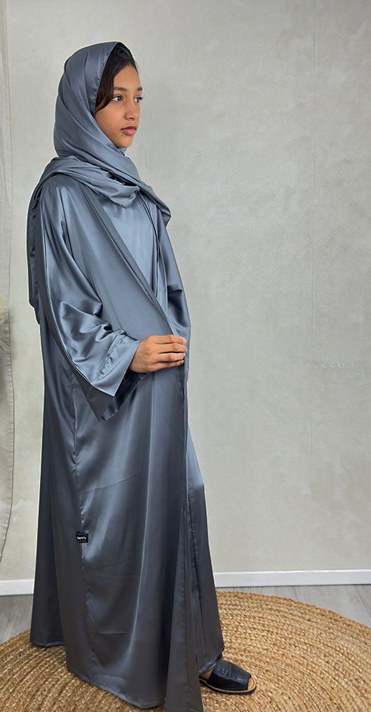 Girls' cool grey 4-piece trouser abaya set, front view