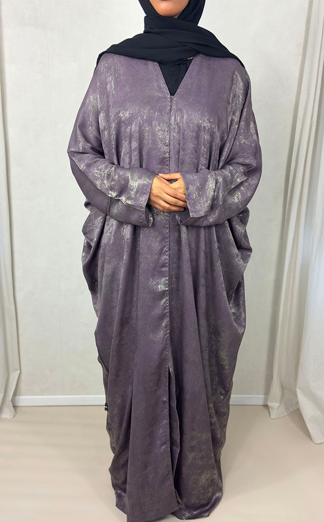 Mauve rose satin foil open abaya, front view