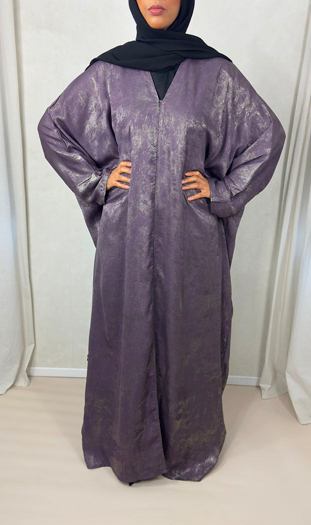 Mauve rose satin foil open abaya showing metallic foil rose print detail