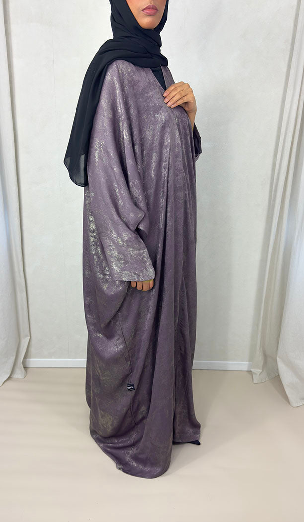 Mauve rose satin foil open abaya styled with matching black chiffon scarf