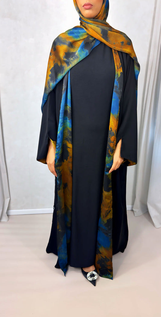 NEW Open Abaya With Satin Chiffon Lining – Blue & Orange Hues