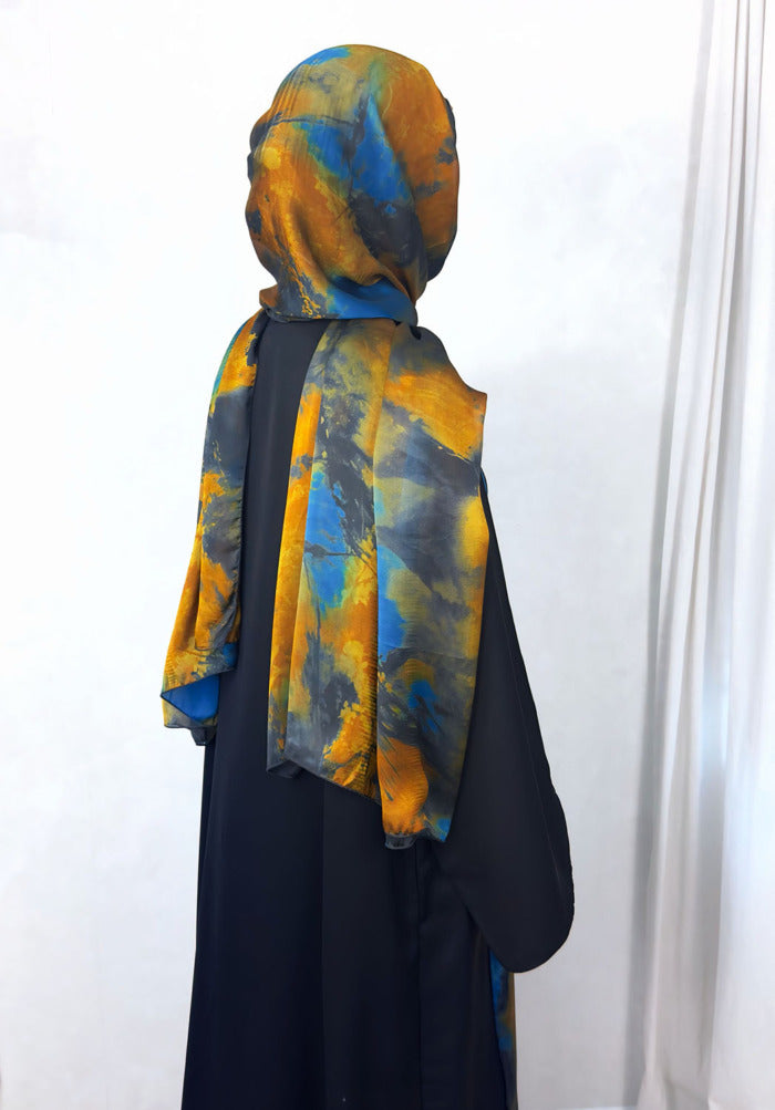 NEW Open Abaya With Satin Chiffon Lining – Blue & Orange Hues