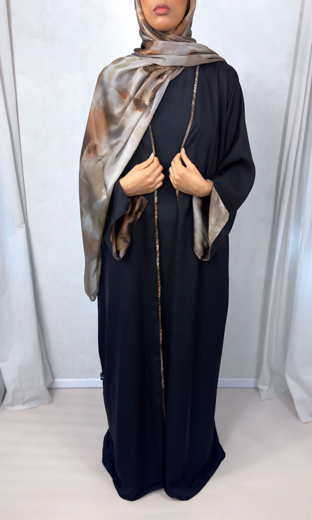 New Open Abaya with Satin Chiffon Lining – Timeless Brown Hues