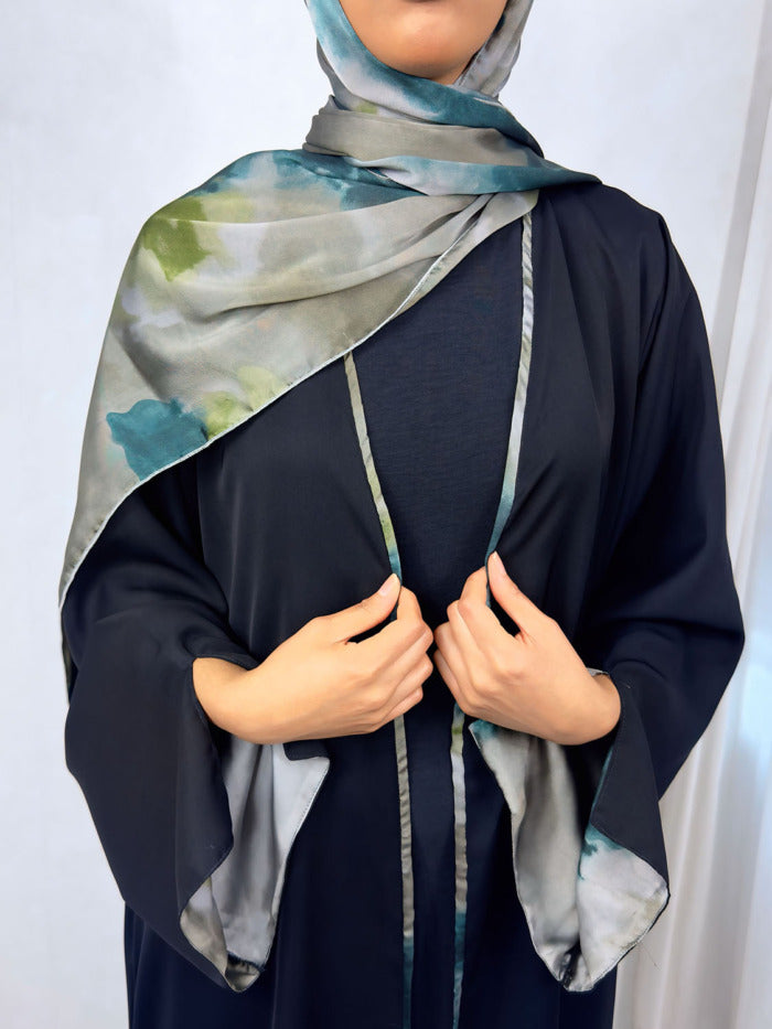 New Open Abaya with Satin Chiffon Lining – Elegant Green Hues