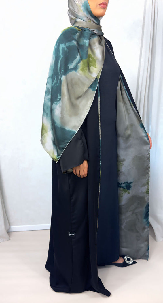 New Open Abaya with Satin Chiffon Lining – Elegant Green Hues