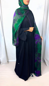 New Open Abaya with Satin Chiffon Lining – Striking Green & Purple Hues