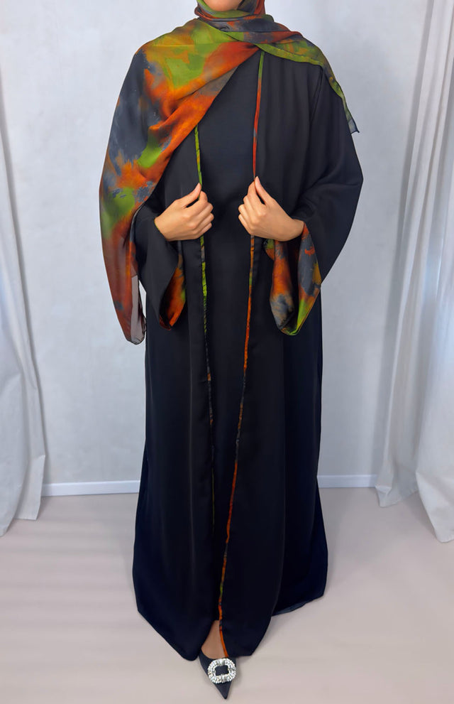 New Open Abaya with Satin Chiffon Lining – Vibrant Orange & Green Hues