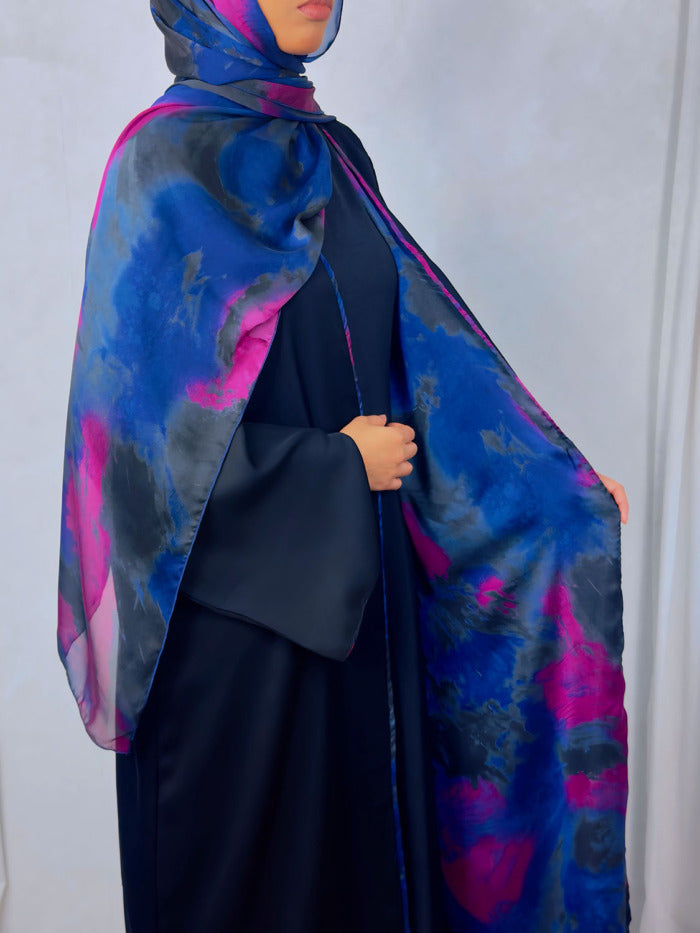 New Open Abaya with Satin Chiffon Lining – Chic Pink & Blue Hues