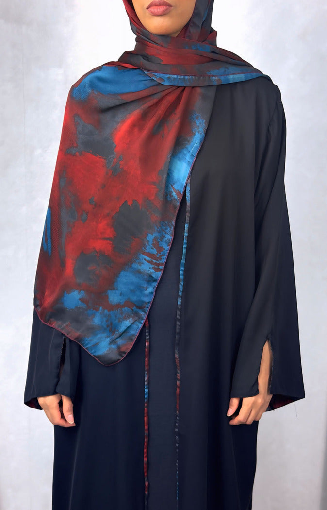 New Open Abaya with Satin Chiffon Lining – Bold Red & Blue Hues