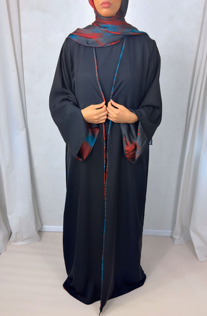New Open Abaya with Satin Chiffon Lining – Bold Red & Blue Hues
