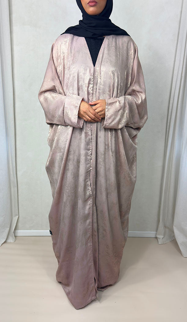 Soft rose satin foil open abaya shown open over inner slip dress