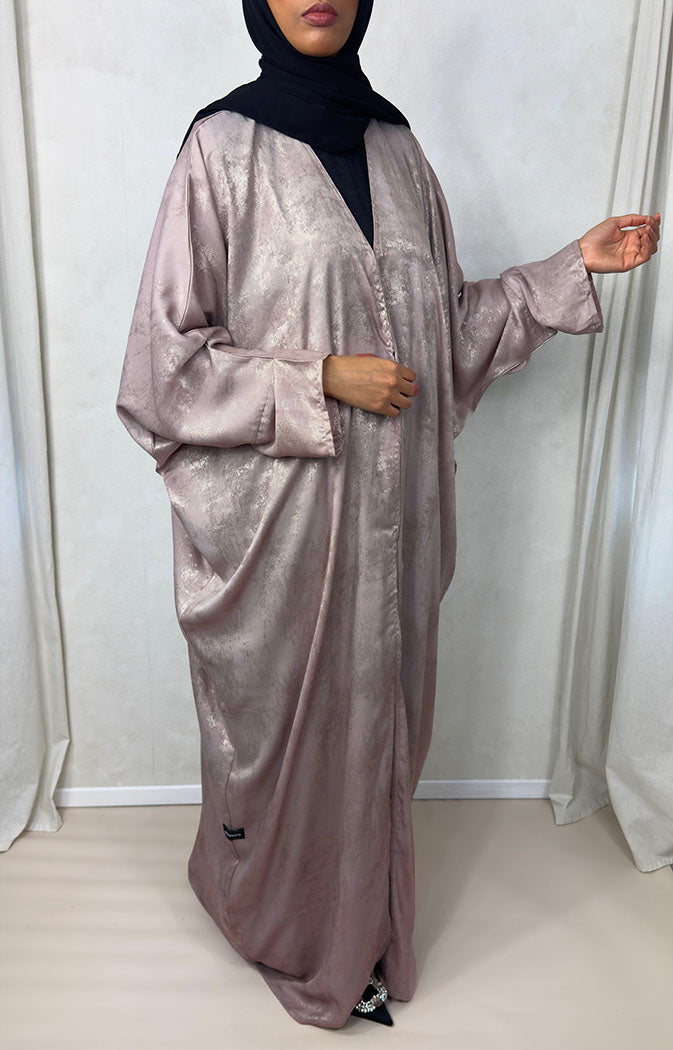 Soft rose satin foil open abaya side drape and batwing sleeve