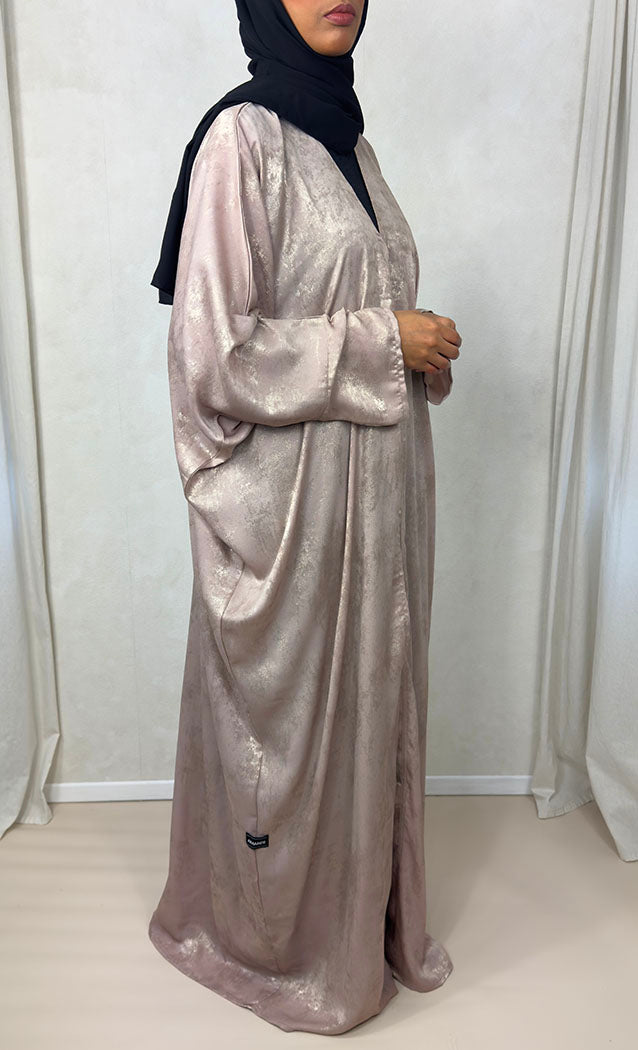 Soft rose satin foil open abaya with matching black chiffon scarf