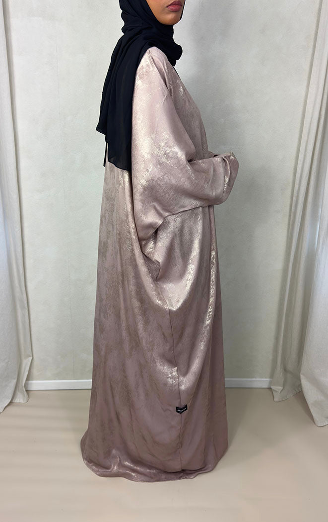 Soft rose satin foil open abaya with blush pink foil rose print