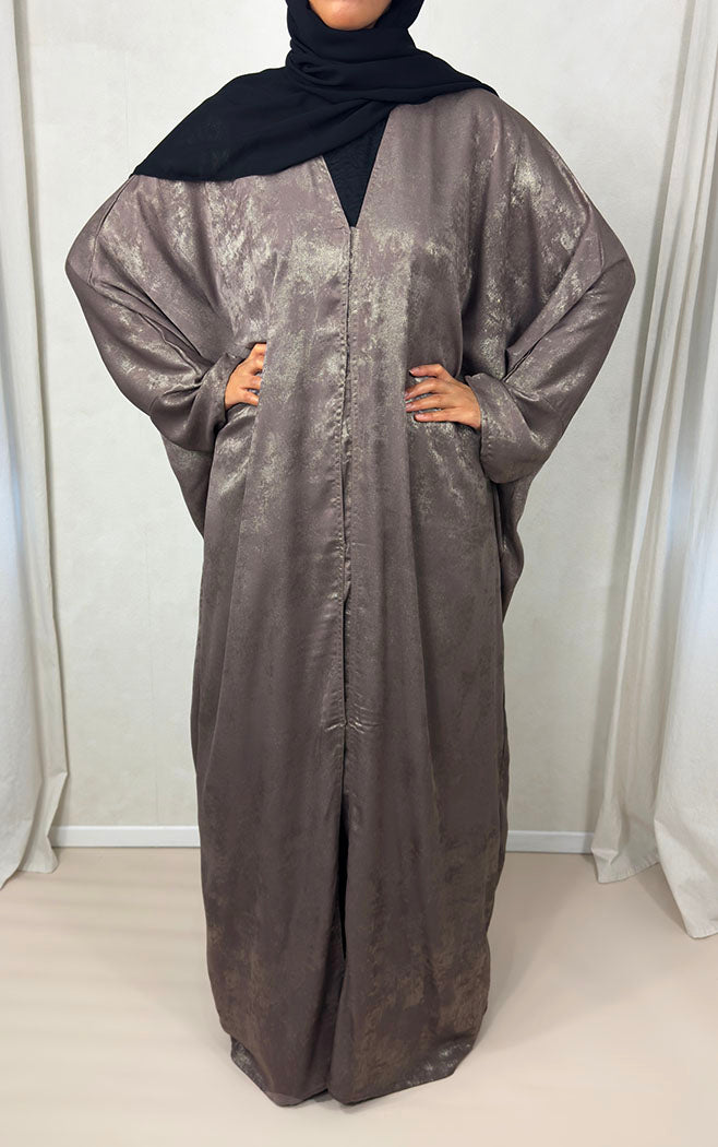 Taupe rose satin foil open abaya styled with black chiffon scarf