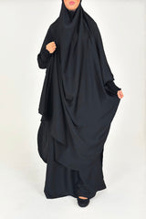 Black two-piece jilbab set, overhead top and maxi skirt, front view