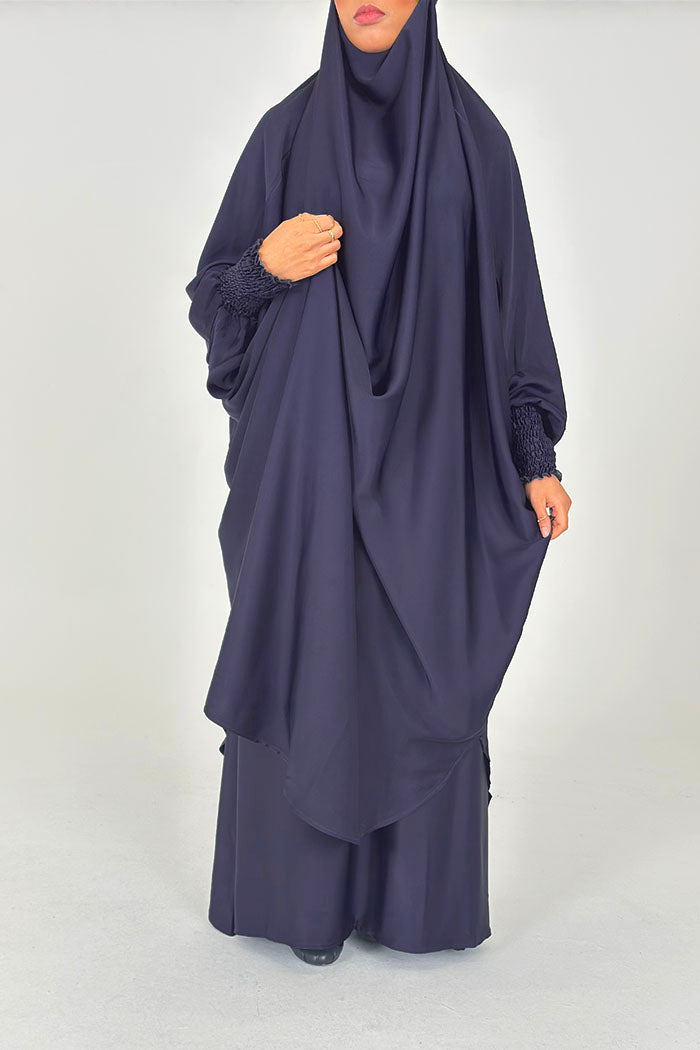 Slate grey jilbab set showing soft satin-touch drape, side view