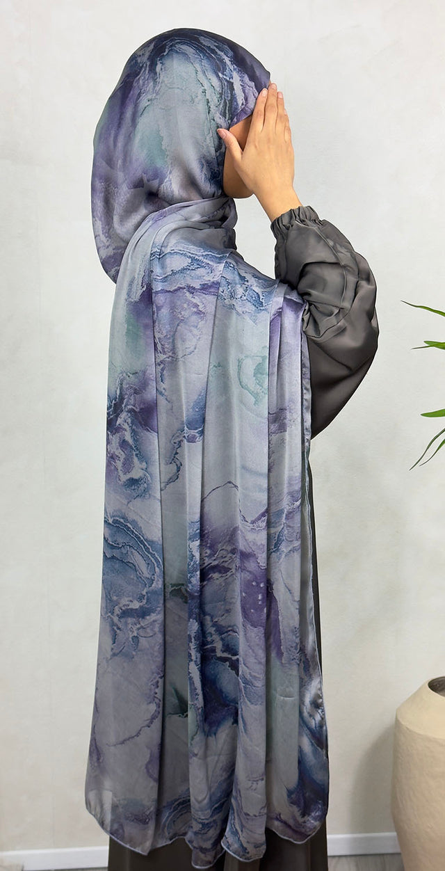 XL blue alcohol ink satin chiffon hijab, full view