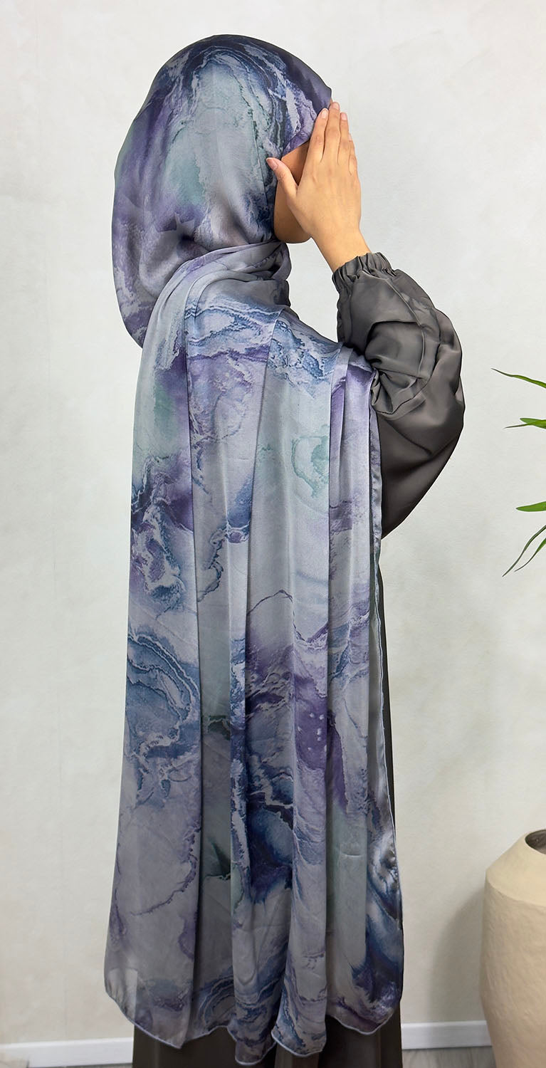 XL blue alcohol ink satin chiffon hijab, full view