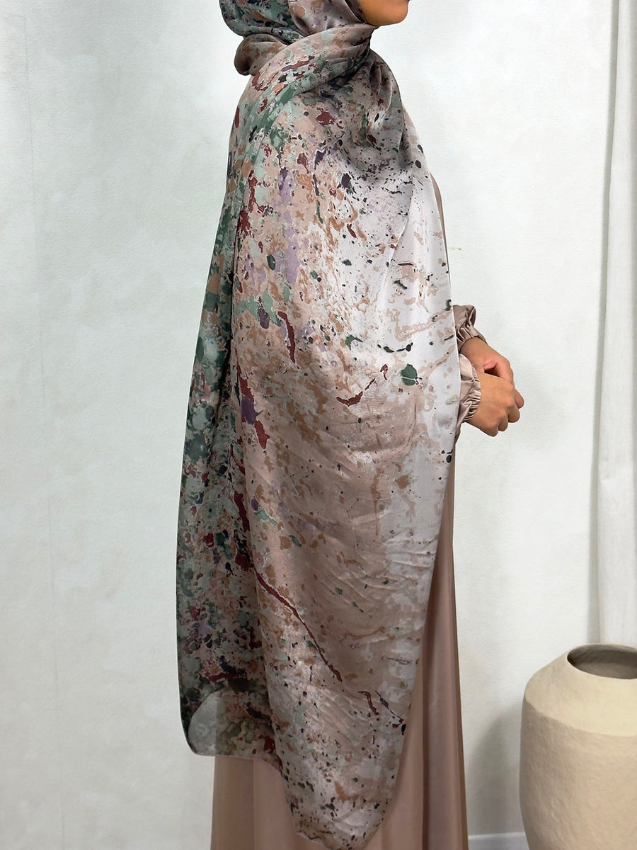 Green alcohol ink hijab showing the watercolour print
