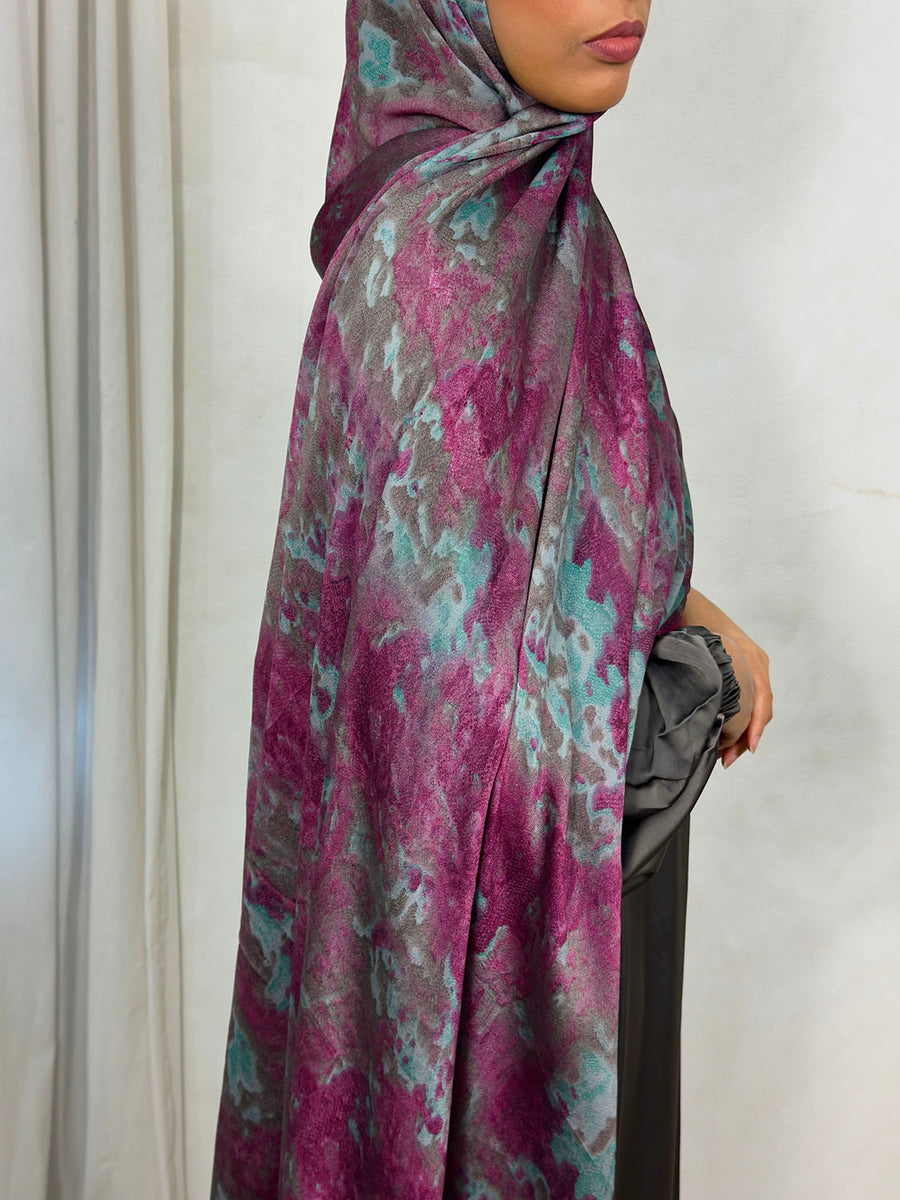 NEW XL Alcohol Ink Satin Chiffon Scarf – Plum Hues