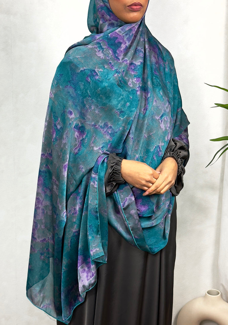 NEW XL Alcohol Ink Satin Chiffon Scarf – Turquoise Hues