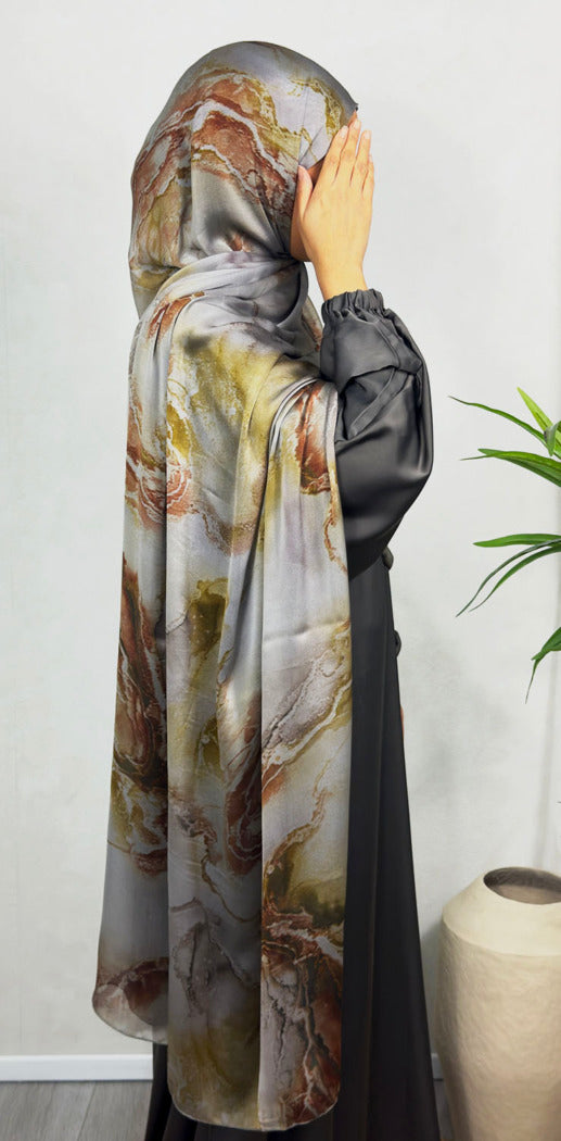 NEW XL Alcohol Ink Satin Chiffon Scarf – Brown and Gold Hues