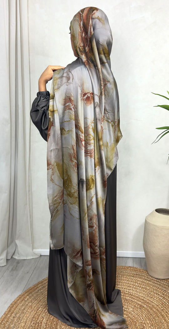 NEW XL Alcohol Ink Satin Chiffon Scarf – Brown and Gold Hues