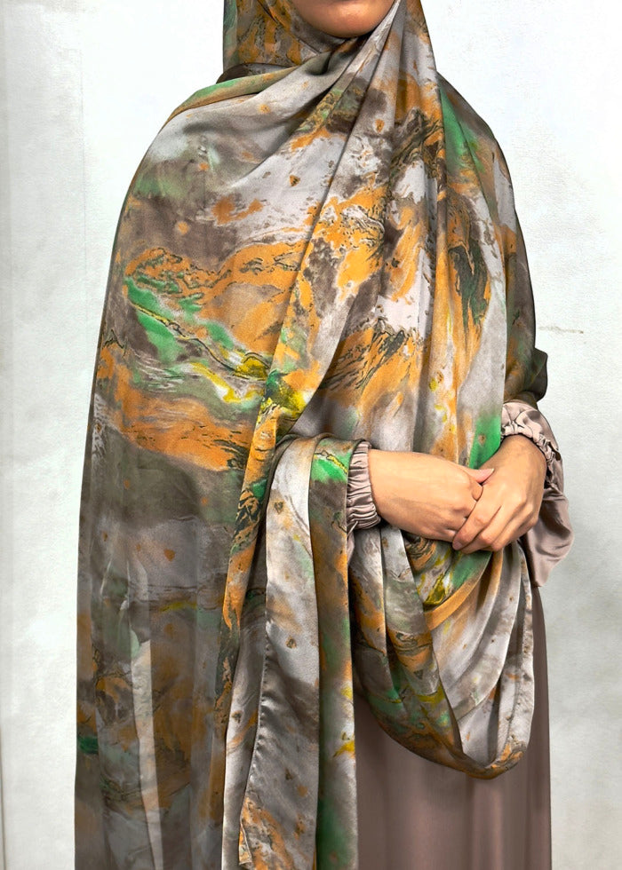 NEW XL Alcohol Ink Satin Chiffon Scarf – Green and Orange Hues