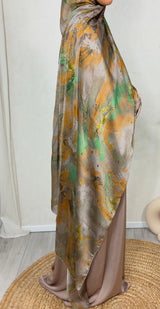 NEW XL Alcohol Ink Satin Chiffon Scarf – Green and Orange Hues