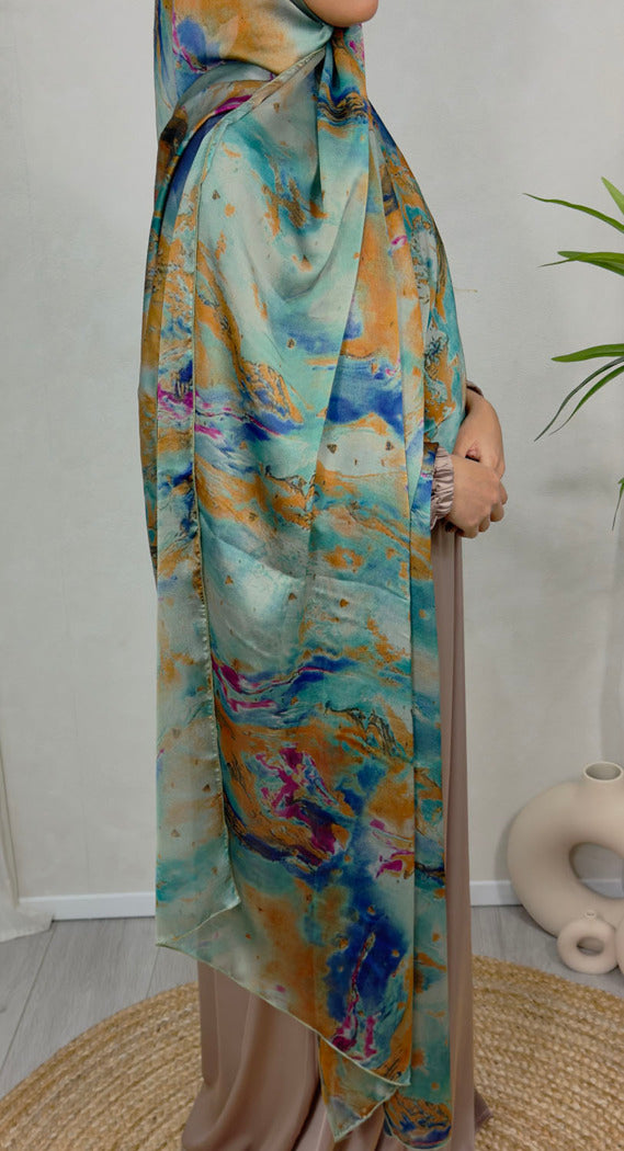 NEW XL Alcohol Ink Satin Chiffon Scarf – Orange and Blue Hues