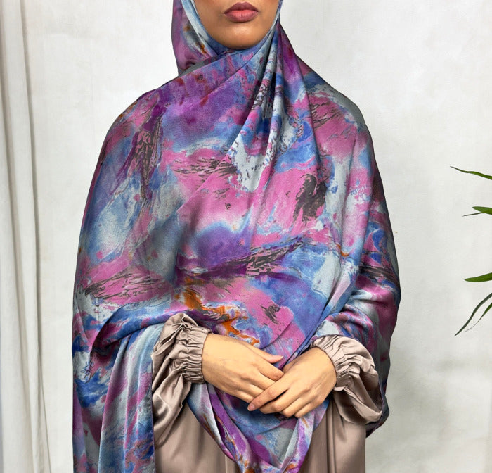 NEW XL Alcohol Ink Satin Chiffon Scarf – Pink and Blue Hues