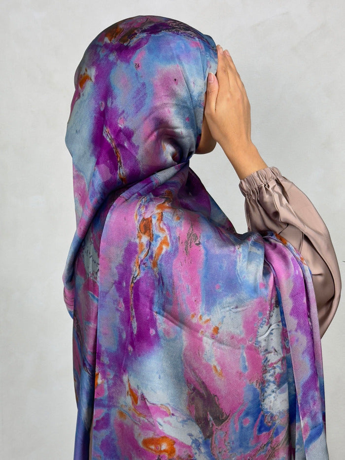 NEW XL Alcohol Ink Satin Chiffon Scarf – Pink and Blue Hues