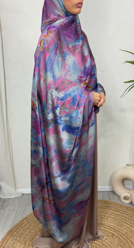 NEW XL Alcohol Ink Satin Chiffon Scarf – Pink and Blue Hues